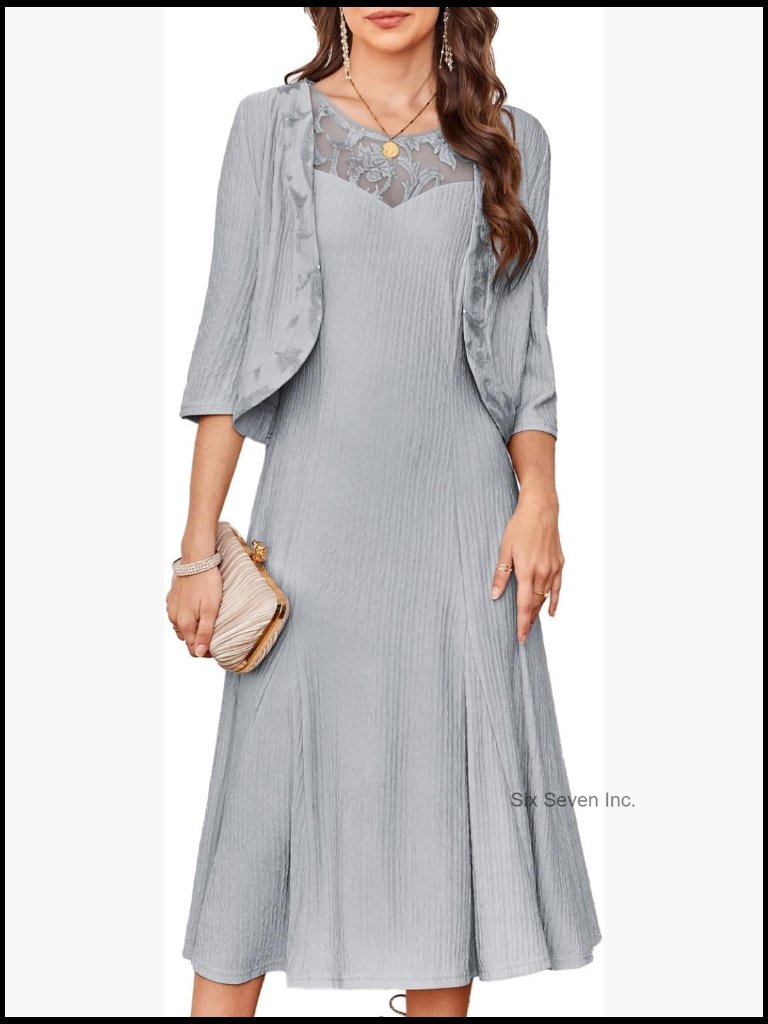 Mother Of The Bride Dress Set With Lace Jacket - Formal Evening Midi Dress